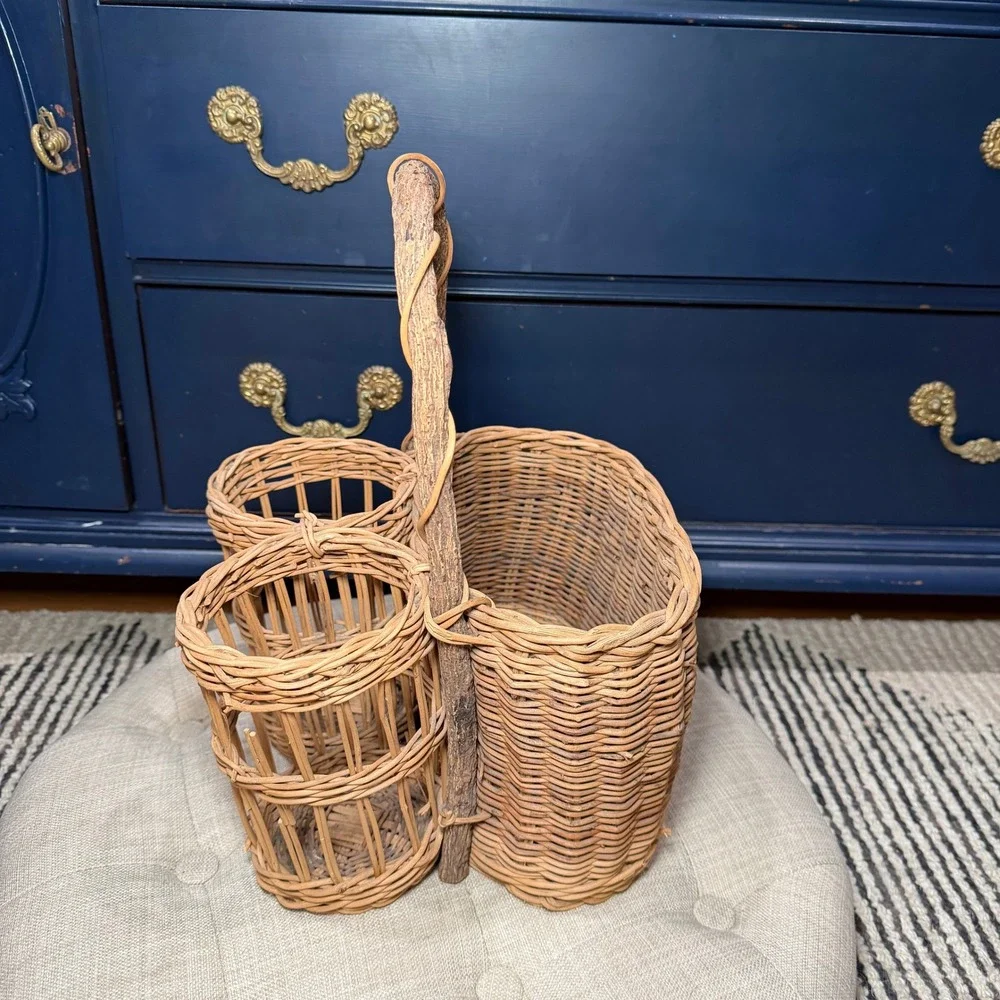 Vintage Wicker Rattan Wine Bottle Caddy 3 Compartment Branch Handle Boho Basket‎